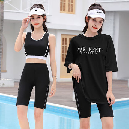 Swimsuit Women's Split Blouse Mid-Sleeve Sun Protection Sports Three-Piece Set Belly Covering Conservative Hot Spring Swimsuit for Girls and Students