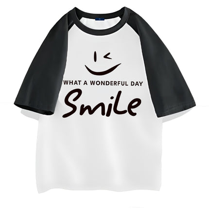 New top girls' contrast color design color matching loose short sleeve black and white color separation smiley face printed casual T-shirt women's clothing
