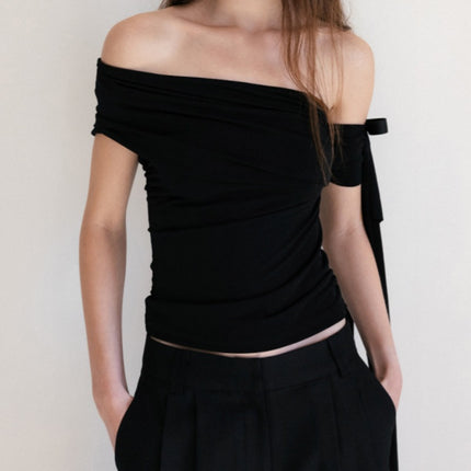 French-Style Romantic Cross-Border Popular Women's Solid Color Off-Shoulder Tie Strap Sweet and Sexy Date Short Top
