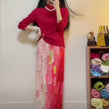 Miyake 2024 Summer New Chinese Style Slant-breasted Long-sleeved Three-dimensional Pleated Top Women's Two-piece Set with Tight Waist Skirt