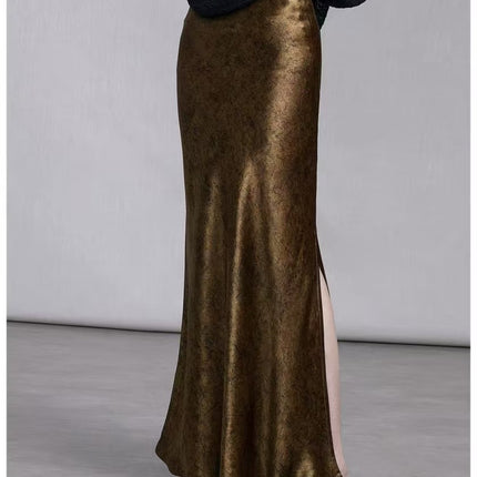 100% Gold-plated Satin Skirt Women's Tortoise Crack Rose Flower Dark Bottom Xiangyun Gauze Triacetate Hip Fishtail Skirt