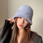 Rabbit fur bucket hat—grey blue