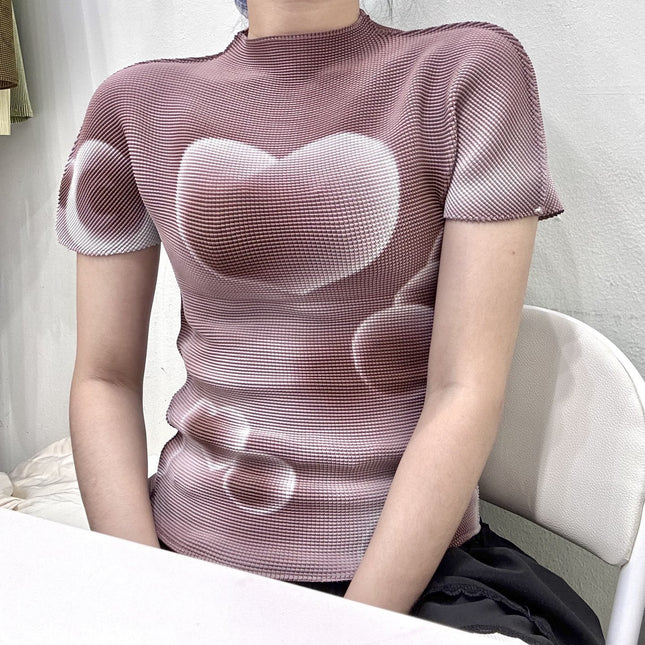 Issey Miyake Summer New Fashion Elegant Pleated Top Digital Printing Easy Care Versatile Pleated Mini Top