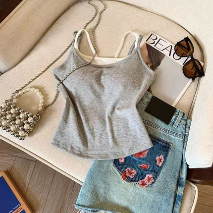 Spice Girl Vest Fake Two-piece Bow Hollow Beauty Back Sling Fixed Cup Stitching Contrast Color Slim-fit Base Vest