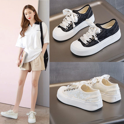 2024 Spring and Summer New White Shoes Lace-up Satin Casual Large Size Board Shoes 4143 Thick Sole Increased Soft Sole German Training Shoes