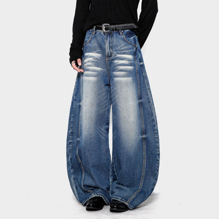 American Retro Washed Whiskered Wide-Leg Scimitar Jeans for Men and Women, Floor-Length Slimming Cleanfit Jeans