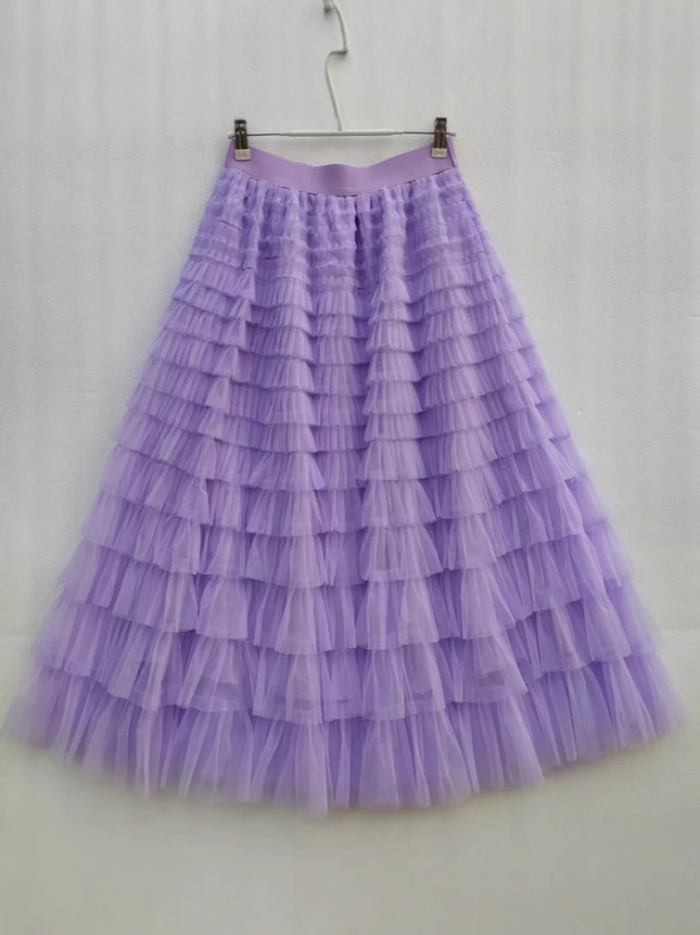 Sauze Skirt Women's Sweet Multi-Layer Cake Mesh Skirt light purple Elegant Elegant Elasticite Waist Princess A- Line Long Skirt