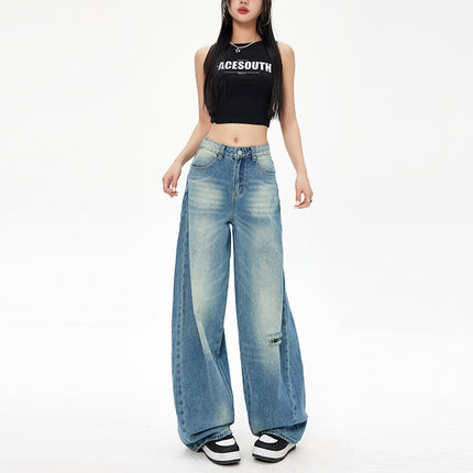 Retro American-Style Washed Ripped Design Curved Knife Jeans for Women Cross-Border Three-Dimensional Cut Silhouette Banana Pants