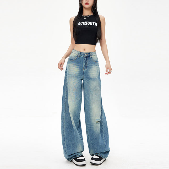 Retro American-Style Washed Ripped Design Curved Knife Jeans for Women Cross-Border Three-Dimensional Cut Silhouette Banana Pants