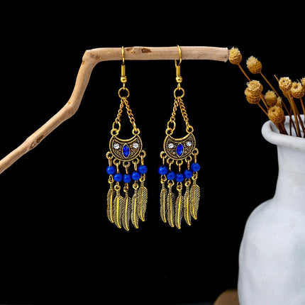 Ethnic Peacock Earrings Golden Bell Tassel Earrings Bohemian Leaf Pendant Scenic Earrings Wholesale