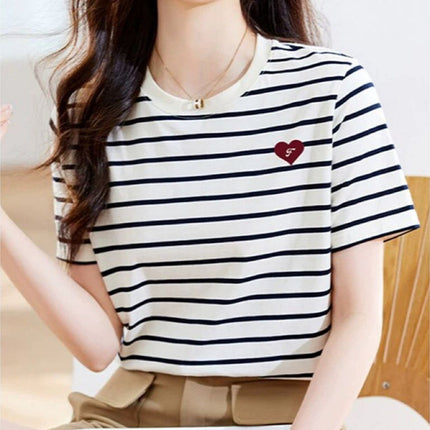 Korean Style Fashionable Half-Sleeved Women's Summer Black and White Stripesd Short-Sleeved T-Shirt Hong Kong Style Stitching Contrasting Color Bottoming Top Ins Half-Sleeved