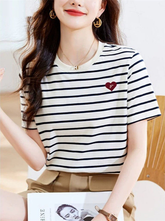 Korean Style Fashionable Half-Sleeved Women's Summer Black and White Stripesd Short-Sleeved T-Shirt Hong Kong Style Stitching Contrasting Color Bottoming Top Ins Half-Sleeved