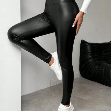 Cross-Border New European and American High-Waisted Elastic Pu Leather Pants for Women, Tight-Fitting Buttocks, Sexy Outer Wear Yoga Leggings