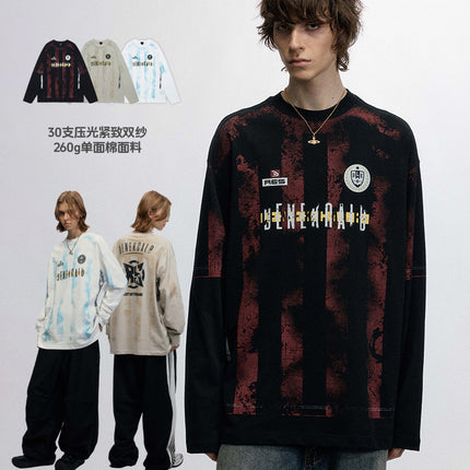 # Ovdy Autumn and Winter American Jersey Retro Print Long-Sleeve T-Shirt Hand-Brushed Silk Screen Print Trendy Brand Top