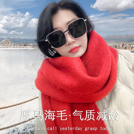 Mohair cold-proof brushed thickened Korean style solid color scarf scarf women's autumn and winter neck protection warm big tassel New