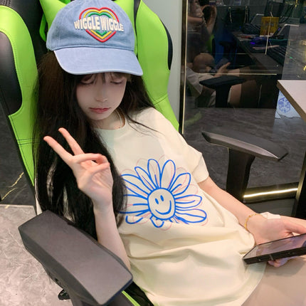 Ins Korean Style Spring and Autum Girls Smiling Face Short-Sleeved T-Shirt Printed Korean Style