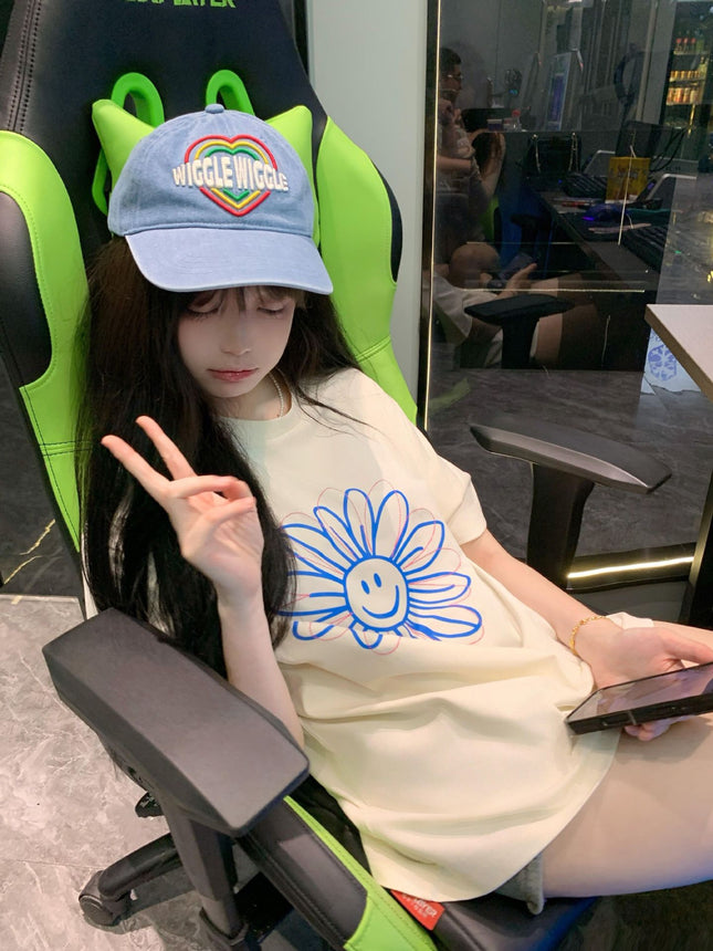 Ins Korean Style Spring and Autum Girls Smiling Face Short-Sleeved T-Shirt Printed Korean Style