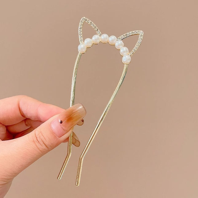 Vintage Alloy Hairpin for Women with Cat Ears, High-End Ancient Style Hair Accessory, Pearl Hairpin for Cheongsam