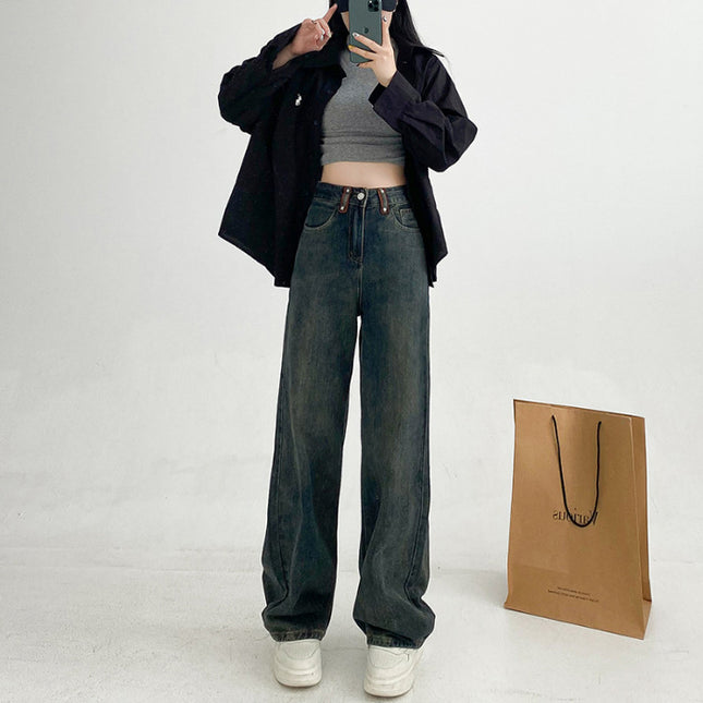 American Retro Narrow Wide-Leg Jeans for Women, 2025 Spring New High-Waisted Loose Slimming Floor-Length Straight Pants