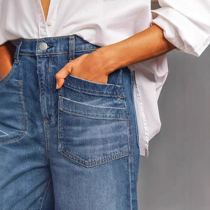 European and American Cross-Border Elastic Mid-Waist Wide-Leg Plus-Size Jeans Retro Washed Hem Brushed Pocket Cropped Pants