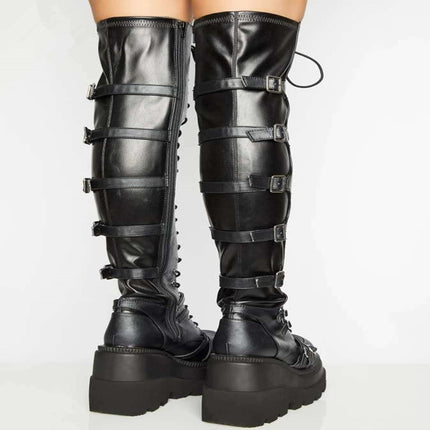 2021 new cross-border European and American plus size casual high boots Women's wedge lace-up belt buckle over-the-knee boots in stock