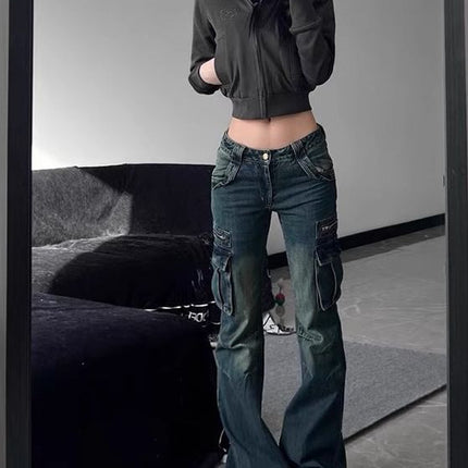 American Retro Pocket Tooling Micro Horn Tooling Jeans Women's New Low Waist Slimming Design Sense Long Trendy Pants