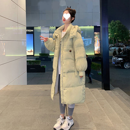 2024 winter new thick hooded light green down jacket women's long knee white duck down loose version