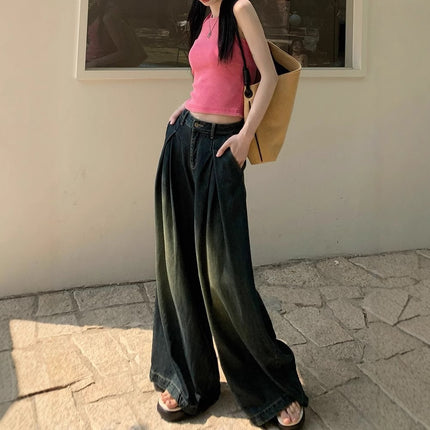 American Design Retro Jeans for Women Spring High-Waisted Slimming Loose Wide-Leg Pants Floor-Length Pants