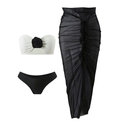 2025 European and American Color Matching Sexy New Rose Three-Piece Mesh Long Skirt Swimsuit Swimsuit Bikini Bikini