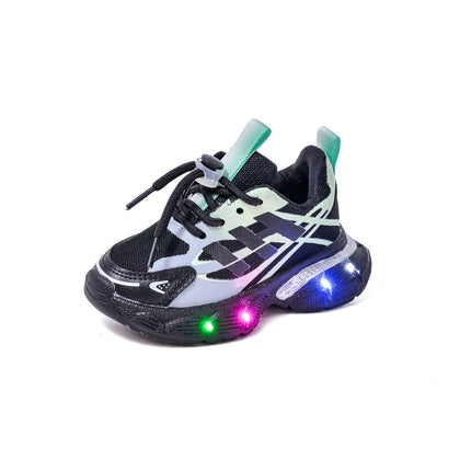 Boys' Breathable Luminous Sports Double Mesh Shoes 2024 Spring and Autumn New Children's Letters Casual LED Lighting Running Shoes