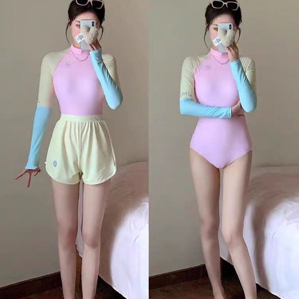 Women's Swimsuit Dopamine Style One-Piece Slim Conservative Slimming Age-Reducing Sun Protection Long-Sleeved Vacation Surfing Hot Spring