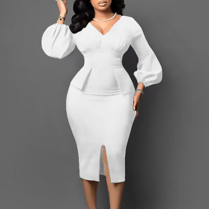 D354 Amazon European and American Women's V-neck Puff Sleeve Split Dress office Pencil Skirt African Dress