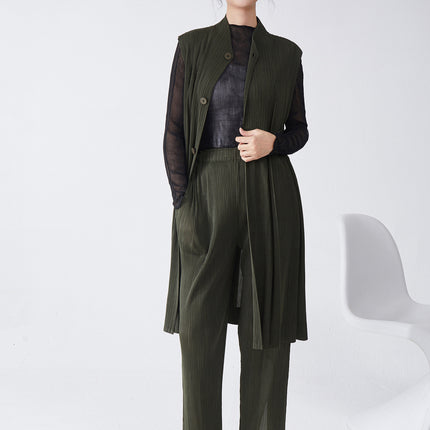 Miyake suit Women's High-end Professional Commuting All-match Mid-length Vest Cardigan Jacket Straight Pants Two-piece Set