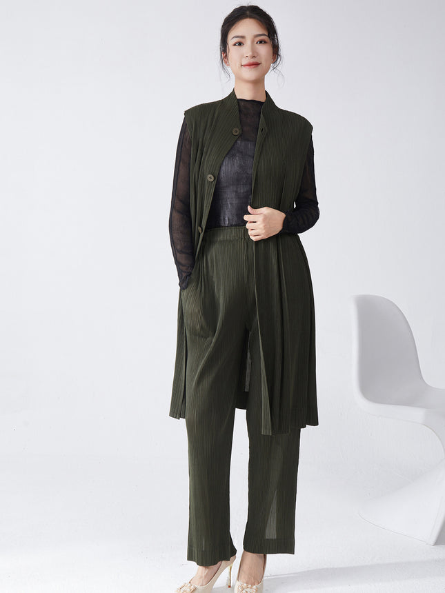 Miyake suit Women's High-end Professional Commuting All-match Mid-length Vest Cardigan Jacket Straight Pants Two-piece Set
