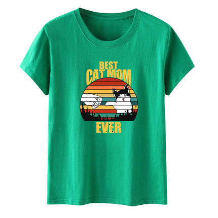 Amazon Summer Best Cat Mom even Mother's Day Fist Cat Letter Printed Casual Short-sleeved T-shirt Women
