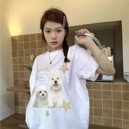 Sweet Cute Dog Printed Round Neck T-shirt Short-sleeved Women's 2025 Summer Korean Style Casual Pink Top