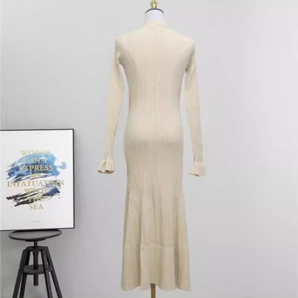Cross-Border European and American Autumn and Winter New Style French Socialite Light Luxury Fine Glitter V-Neck Long-Sleeve Waist-Cinching Slimming Knit Dress