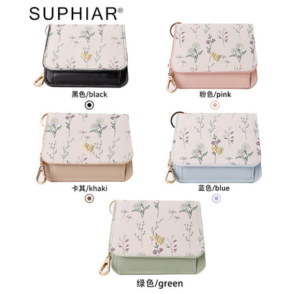 Card Holder Keychain Small Portable Change Card Holder Thin Women's Spring and Summer All-match PU Flower and Grass Card Holder Women's Superior