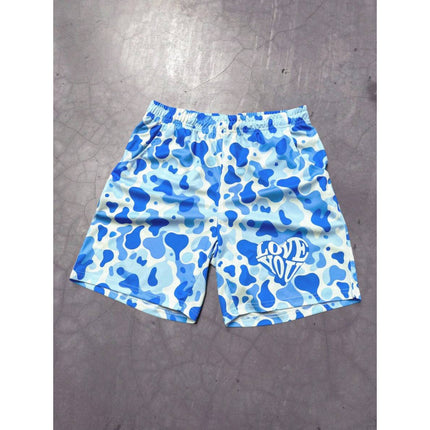 Temu Cross-Border Export Bottoms Men's Camouflage Letter Print Elastic Waist Casual Shorts Blue
