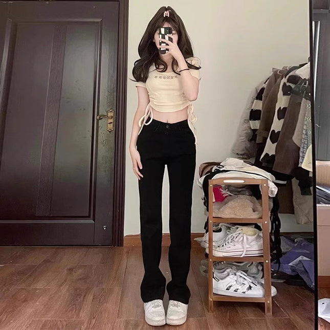 Black High Waist Straight Jeans Women's Trendy All-match New Slim-fit Slimming Smoke Pipe Stack Narrow Wide-leg Trousers