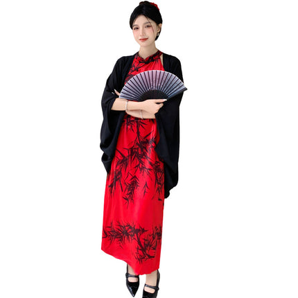 New Chinese Style Vintage Ink Bamboo Neck Cheongsam dress Women's Summer Elegant Thin Cape Shawl Cardigan Two-piece Set