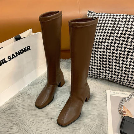 High-Top Knight Boots for Women, Large Size 41-42, Over-The-Knee Boots, 2025 Winter New Style, Plush Thick Heel Square Toe Boots