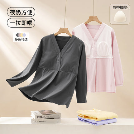 Spring and Autumn Maternity Nursing Pajamas with Breast Pads to Prevent Protrusion, Postpartum Breastfeeding Sleepwear for Women, Pure Cotton, Fashionable V-Neck Long-Sleeved Top for Postpartum Care
