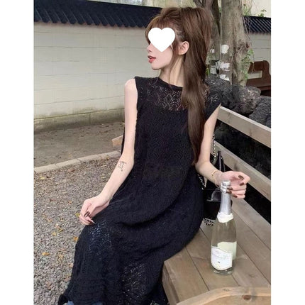 Designed Niche Layered Blouse Knitted Vest Dress Summer Women's Back Slit Long Skirt Dress Chic Skirt