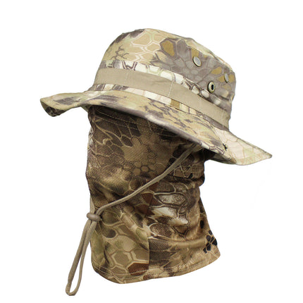 Outdoor Tactical Fisherman Hat Camo Penny Hat Summer Mountaineering Training Sunshade Round Edge Hat Mask Two-piece Set
