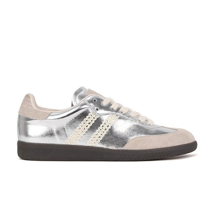 Blogger's Essentials~ Retro Lace-Trimmed Genuine Leather German Training Shoes 2024 New Model Silver Flat-Soled Sports Casual Shoes for Women