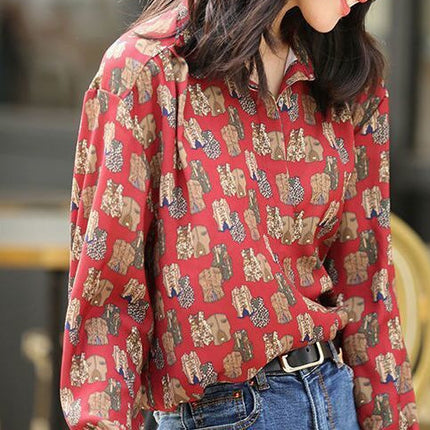 Personalized Printing ~ Retro Elegant Niche Hong Kong Style Long-Sleeved Shirt for Women Spring & Fall New Loose Casual Lapel Shirt