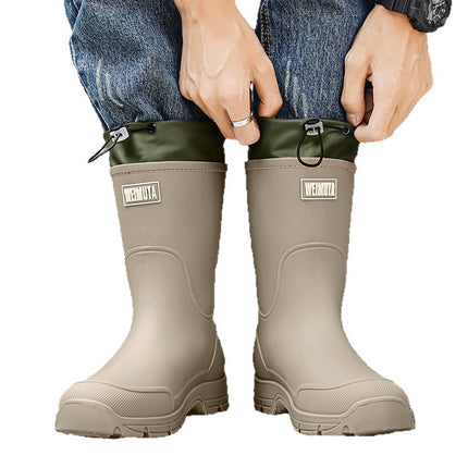 Korean-Style Couple's Mid-Calf Rain Boots with Drawstring, Waterproof Rain Shoes for Outdoor Activities, Thick-Soled Water Shoes, Non-Slip Kitchen Thick-Soled Rubber Shoes
