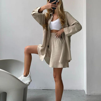 2024 spring European and American new solid color single-breasted long sleeve shirt loose fashion casual shorts suit in stock