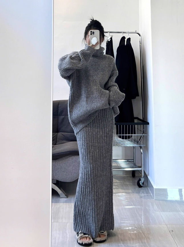 High-end Light Luxury Socialite French Retro Turtleneck Sweater Cold Style Fashion Two-piece Suit Simple Skirt Elegant